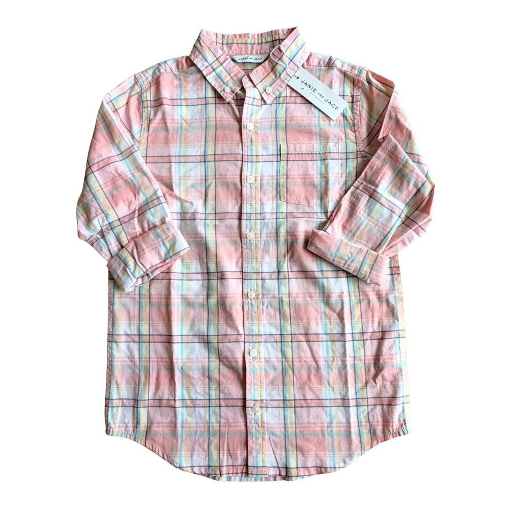 NWT Janie and Jack Boys Size 10 Pink Green Madras Plaid Button Down Shirt